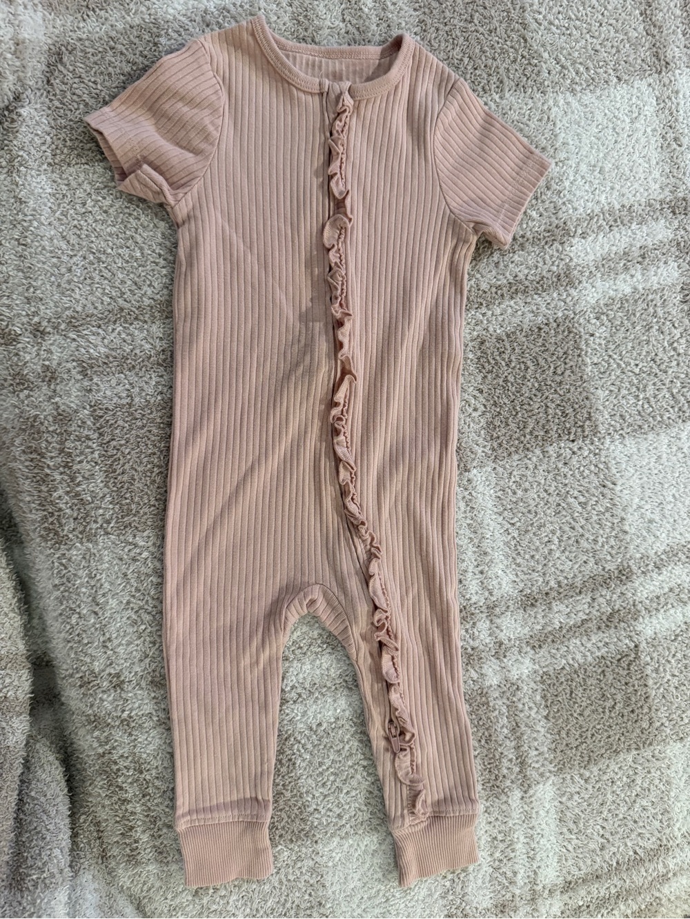 cloud island Blush Pink Ribbed Baby Romper with Ruffle Trim